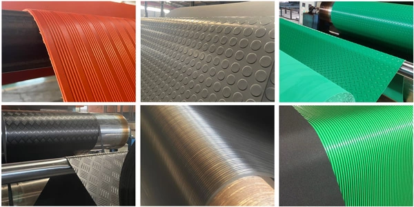 Heavy-Duty Anti-Slip Patterned Rubber Sheet Series anti-slip patterned rubber sheet rolls and matting manufactured by Tianjin China Rubber Co., Ltd., displaying coin, checker, and ribbed industrial textures.