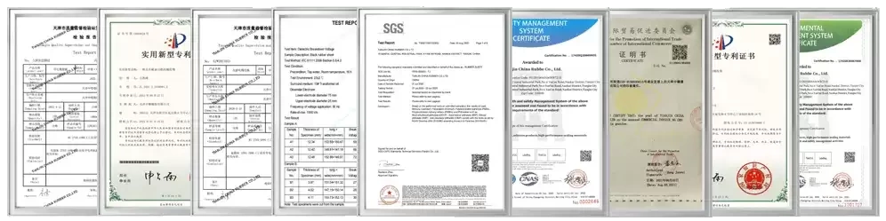 A comprehensive composite portfolio of official quality management certificates and technical patents verified for Tianjin China Rubber Co., Ltd., showcasing international compliance standards including ISO 9001, SGS test reports, REACH, and RoHS 2.0 for premium industrial rubber sheet wholesale supply.