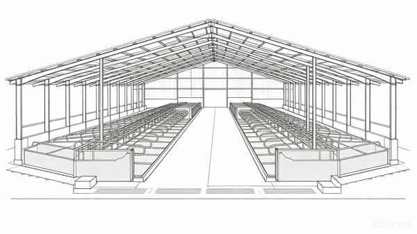 3D CAD engineering layout for cow cubicle shed design 3D engineering CAD layout drawing showing heavy duty rubber cow mattresses integrated with zinc-plated free stall divider loops