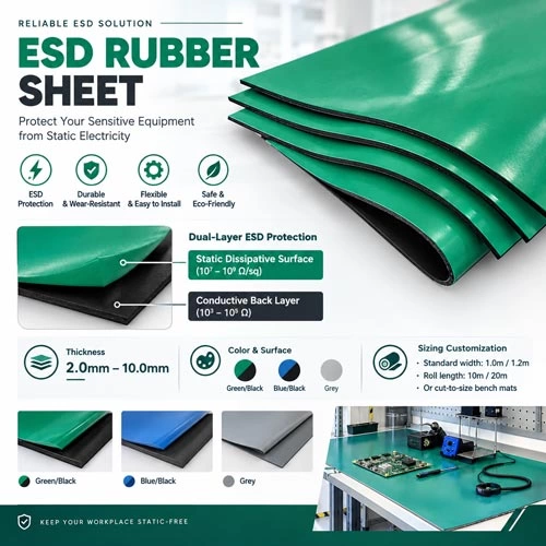 Anti-Static ESD Green Rubber Sheet Roll Product Poster A dual-layer green and black anti-static rubber sheet roll presented on a high-tech workshop workbench with sensitive electronic circuit boards. Bold headline overlays read 'Ultimate ESD Protection for Electronics Manufacturing', highlighting key features like 10^6–10^9 ohm surface resistance, oil resistance, and durable double-layer construction.