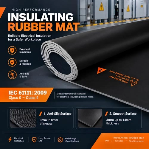 High-Voltage Electrical Insulating Rubber Mat Product Poster insulating rubber mat laid out in front of an industrial high-voltage electrical cabinet. Overlaid text displays '10kV High-Voltage Safety Insulating Mat', showing IEC 61111 compliance certification badges and performance callouts for dielectric strength and flame retardancy.