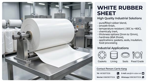 High Quality FDA Food Grade White Rubber Sheet Roll A clean white FDA food grade rubber sheet roll manufactured from non-marking high purity synthetic polymer for food processing gaskets.