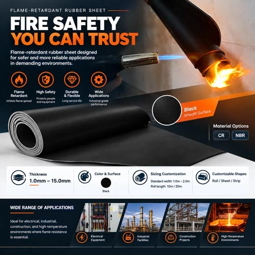 Flame-Retardant Neoprene Rubber Sheet Product Poster A black flame-retardant neoprene rubber sheet demonstrated in a controlled fire safety test setting, showcasing self-extinguishing properties without melting droplets. Large text states 'UL94 V-0 Certified Flame-Retardant Rubber Sheet', highlighting high-temperature resistance, low smoke generation, and industrial safety compliance.